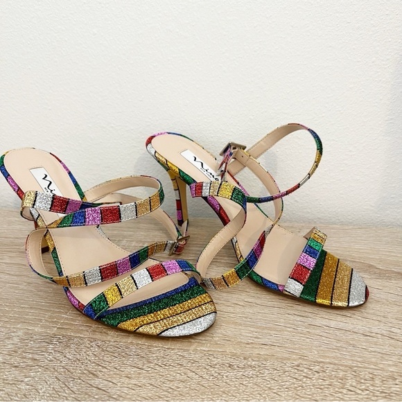 Nina Vanna Ankle Strap Evening Sandals Heels Rainbow Stripe Formal Size 8.5 - Picture 2 of 9